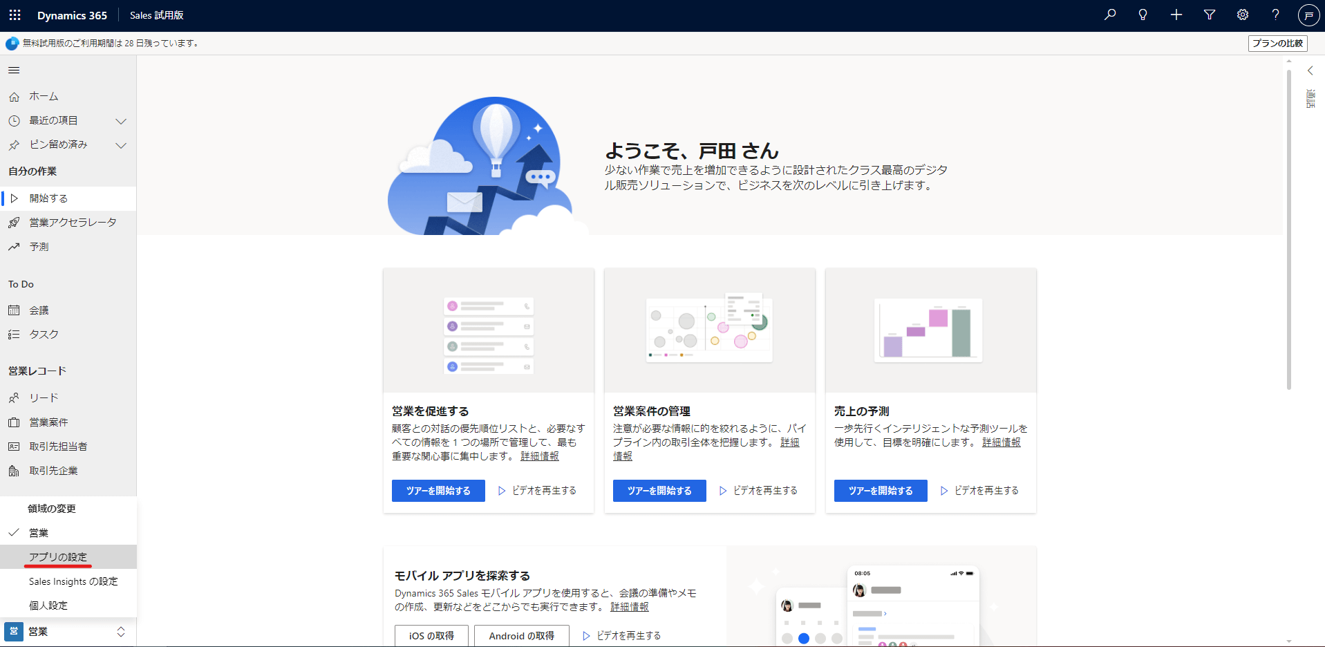 Dynamics 365 Sales アプリの設定