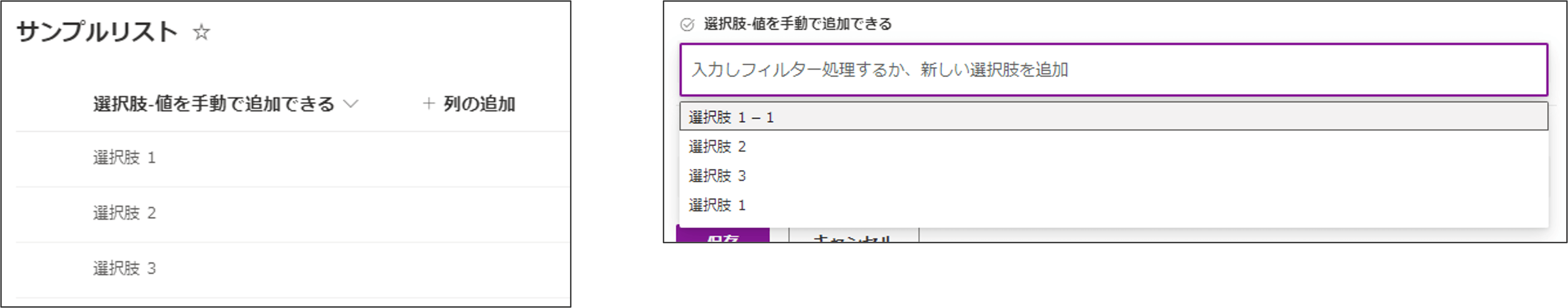 選択肢列:選択肢を追加できるようにするがはい_一覧を更新_結果