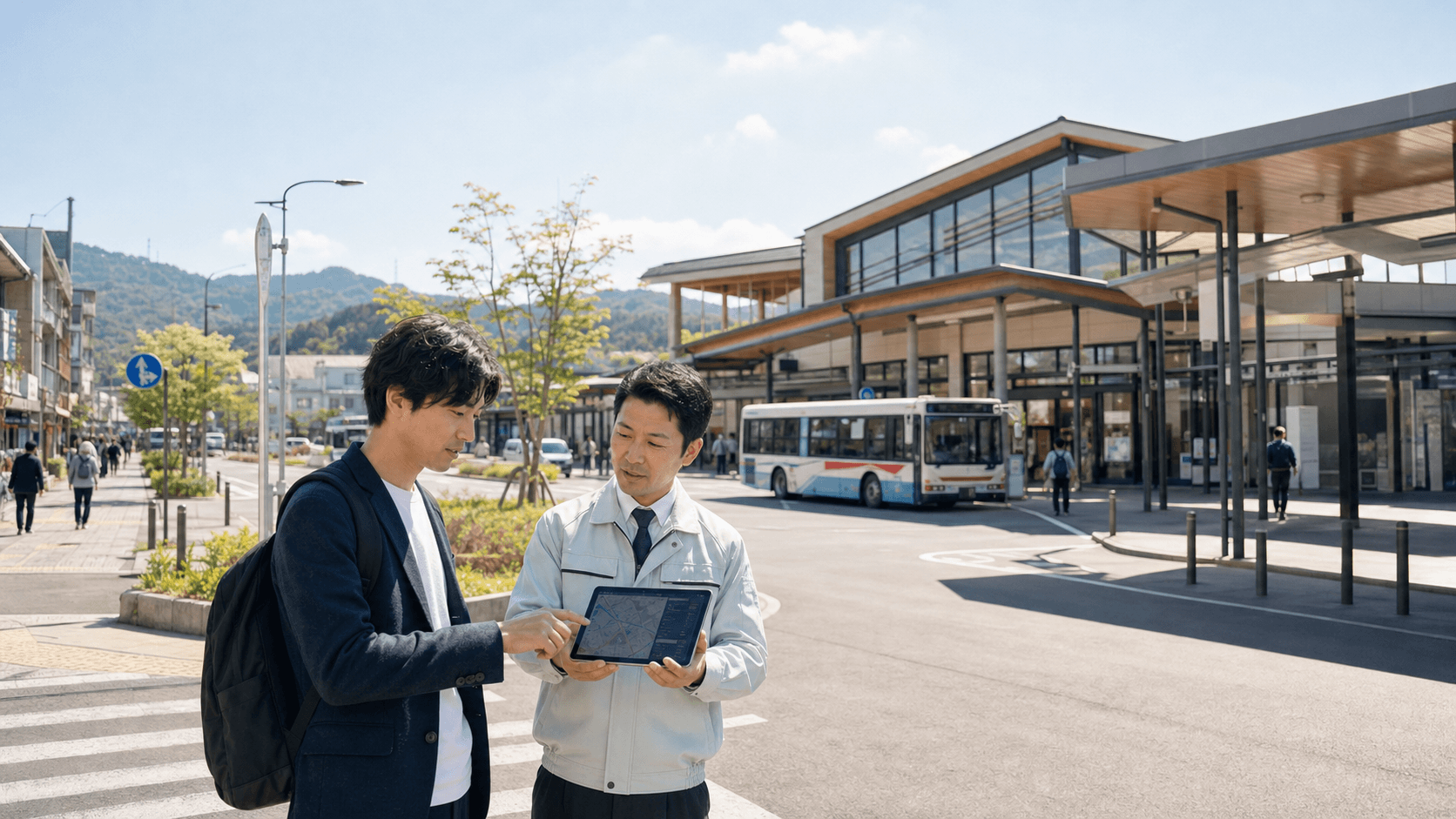 駅前で交通事業者と現場ミーティング